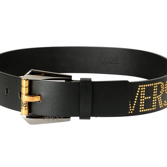 Versace Black 100%Leather Gold Color Metal Logo Studs Decorated Belt US 38 IT 95 - Picture 2 of 6